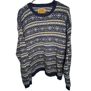 Alps Vintage Nordic Fair Isle Blue And Cream Striped Knit Pullover Sweater